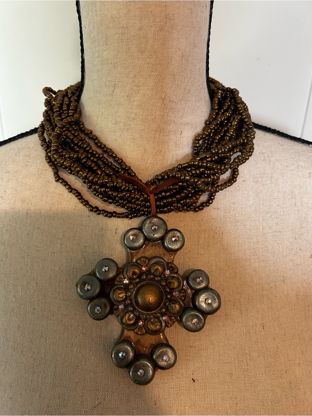 Bronze-Tone Multi-Strand Beaded Necklace Swarovski embellished Cross Pendant